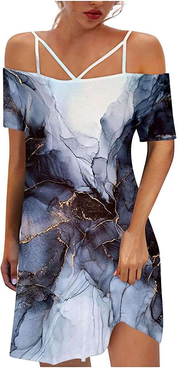 AMhomely Women Casual Elegant Dress Sale Summer Midi Dress Boho Dress Sexy Cold Shoulder Printing Short Sleeve Dress Boho Dress Cocktail Holiday Beach Long Dress for Ladies UK Size