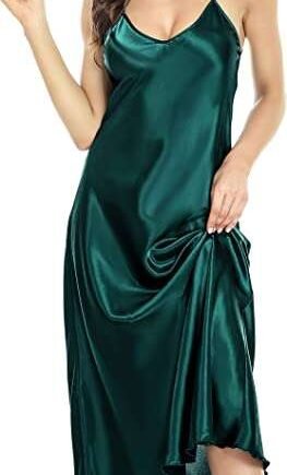Lovasy Satin Nightdress for Women UK Long Negligees Strap Chemise Silk Nighties for Women V Neck Full Slips Sleepwear Nightwear