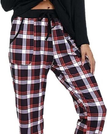 Uniexcosm Women's Pyjama Sets Cotton Checked Loungewear Set Long Sleeve Cotton Top and Pants Sleepwear for Ladies, XXL
