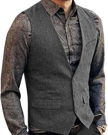 Men's Herringbone Suit Vest, V-Neck Slim Fit Formal Waistcoat for Jacket Tuxedo Blazer for More Color