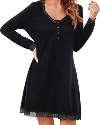 Clearlove Womens Pjs Long Sleeve Nightdress V Neck Pajamas Sexy Nightwear Button Down Lace Nightgown Plus Size Nighties