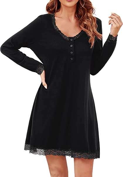 Clearlove Womens Pjs Long Sleeve Nightdress V Neck Pajamas Sexy Nightwear Button Down Lace Nightgown Plus Size Nighties