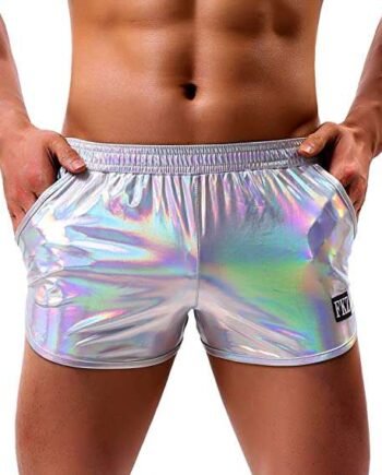 Arjen Kroos Men's Sexy Metallic Shiny Boxer Shorts Sparkly Rave Hot Short Pants with Pockets