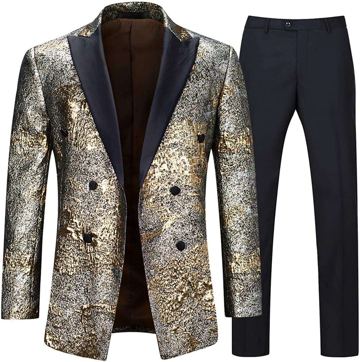 Sliktaa Mens Suits 2 Pieces Luxury Blazer Shiny Sequins Wedding Notched Lapel Gold Silver Tuxedo Jacket and Trouser