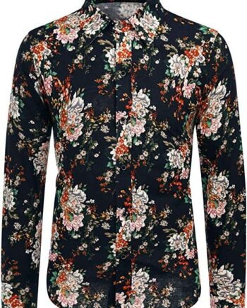 Allthemen Mens Casual Printed Shirts Summer Long Sleeve Linen Shirt Funky Floral Hawaiian Shirt