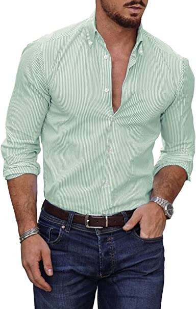 Meilicloth Mens Shirts Long Sleeve Casual Pinpoint Striped Collar Shirt Button Down Dress Shirts with Pocket Regular Fit