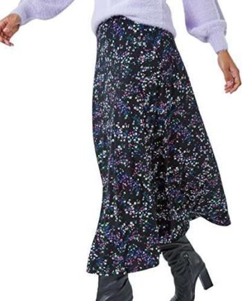 Roman Originals Ditsy Floral Stretch Midi Skirt for Women UK - Ladies Everyday Holiday Autumn Winter Pull-On Elasticated Waistband Comfy Soft Evening Vacation Work Party - Black - Size 18