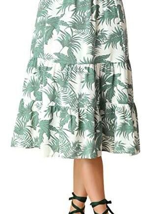 Allegra K Women's Leaves Printed Hawaiian Tropical Tiered Boho Midi Skirt