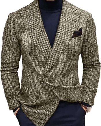 Mens Notch Lapel Casual Suit Vintage Style Denim Suit Blazer Jacket Single Row Two Buttons Check Knit Blazer
