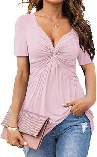 Tankaneo Women V-Neck Front Knotted Blouse Shirt Long Sleeve Elegant Casual T-Shirt Solid Color Pullover Tops