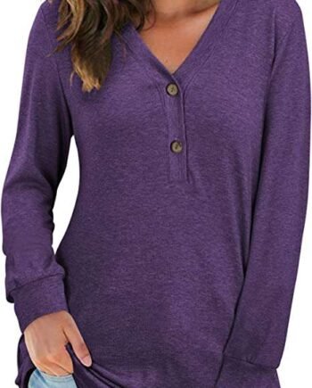 AUSELILY Women's Long Sleeve V-Neck Button Tops Henley Blouse Causal Loose T Shirt