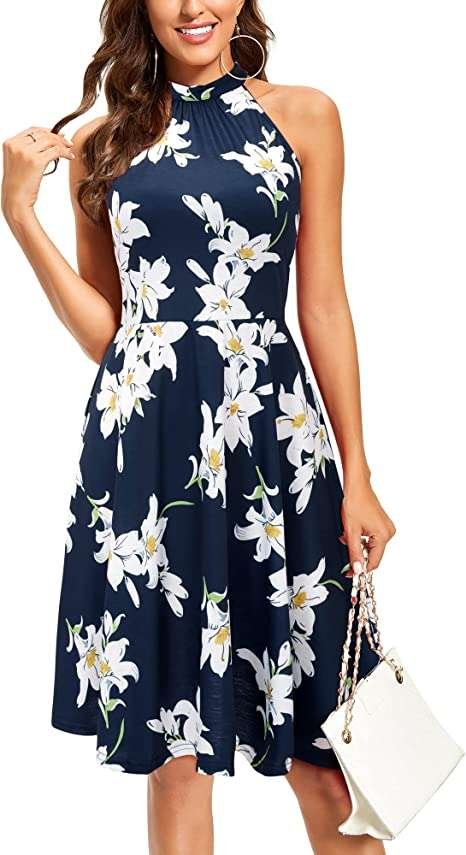 OUGES Women's Sleeveless Halter Neck Summer Dress Casual Cotton Sundress