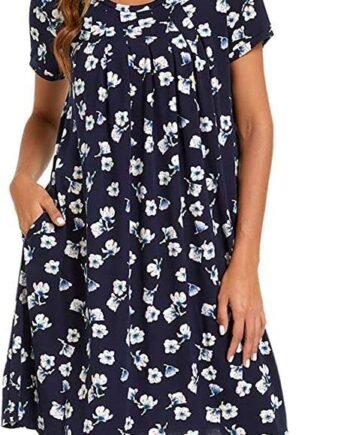 MINTLIMIT Women's Short Sleeve Pleated Scoopneck Sleep Dress Loungewear Nightshirts with Pockets