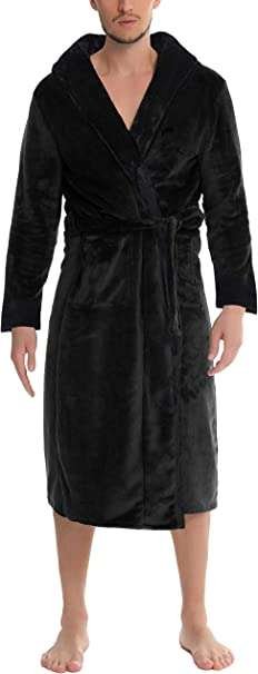 Lovasy Mens Dressing Gowns Fleece Warm and Cozy Mens Fluffy Hooded Dressing Gown Super Soft Bathrobe