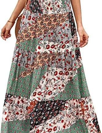 BLENCOT Womens Vintage Maxi Skirt with Pockets Floral Print Maxi Skirt Bohemia High Waist Summer Long Dresses