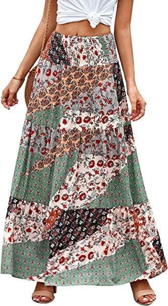 BLENCOT Womens Vintage Maxi Skirt with Pockets Floral Print Maxi Skirt Bohemia High Waist Summer Long Dresses