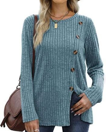 Aokosor Womens Long Sleeve Tops Ladies Lightweight Jumpers Button Front Slit Tunic