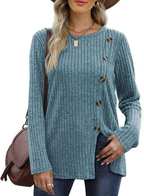 Aokosor Womens Long Sleeve Tops Ladies Lightweight Jumpers Button Front Slit Tunic
