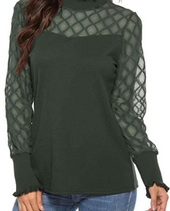 iWoo Womens Tops Elegant Lace Mesh Semi Sheer Blouse Casual Long Sleeve Turtleneck Crewneck Slim Fit T-Shirt