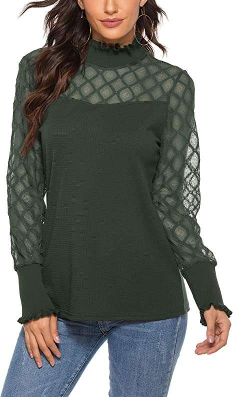 iWoo Womens Tops Elegant Lace Mesh Semi Sheer Blouse Casual Long Sleeve Turtleneck Crewneck Slim Fit T-Shirt