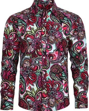 HISDERN Mens Funky Dress Shirt Casual Flower Fancy Shirts for Men Long Sleeve Regular Fit S White/Pink