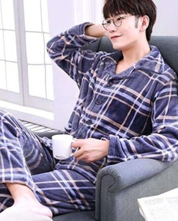 Nightgown,Black Men Flannel Pajamas Set Sleepwear Winter Warm Casual Bathrobe Nightwear Thick Coral Fleece Sleep Set Pijamas Suit Homewear