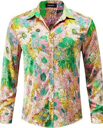 HISDERN Mens Floral Printed Shirts Casual Funky Long Sleeve Button Down Fancy Flowers Shirt for Party XXL Pink/Green