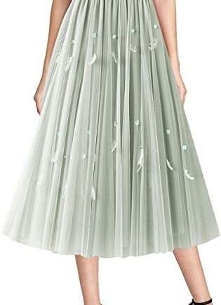 AUBIG Women Tulle Skirt Elastic High Waist Mesh Tutu Tulle Skirts Feather Bead Decor A-Line Skirt Solid Casual Loose Beach A-Line Skirts