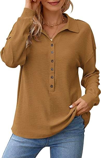 WNEEDU Womens Long Sleeve Tops Oversize Button Down Shirts