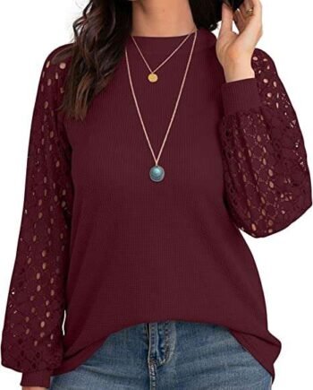 IWOLLENCE Women’s Long Sleeve Tops Jumpers Lace Raglan Sleeve Waffle Knit Crew Neck Blouse Casual Loose T Shirts