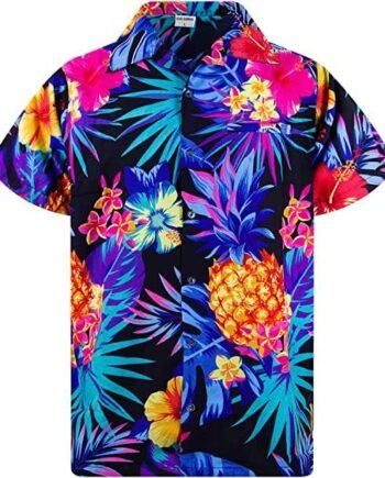 King Kameha Funky Hawaiian Shirt Men Shortsleeve Frontpocket Hawaiian-Print Leaves Flowers Pineapple