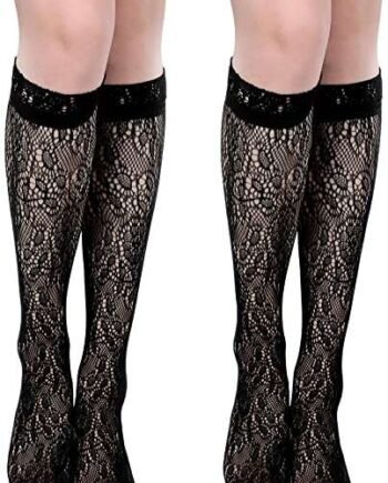 Geyoga 2 Pairs Knee High Socks Women Lace Ruffle Anklet Socks Frilly Socks Lace Socks Sheer Socks Fishnet Patterned Stockings