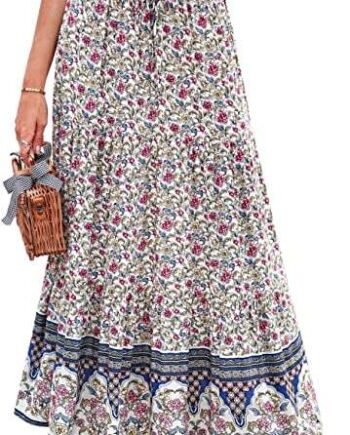 Reukree Womens Floral Print Maxi Skirt High Waist Summer Dresses