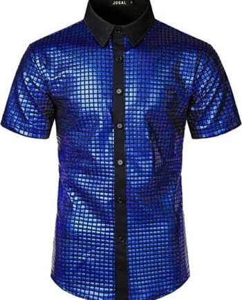 JOGAL Men's Dress Shirt Sequins Button Down Short Sleeve Shirts 70s Disco Party Costume