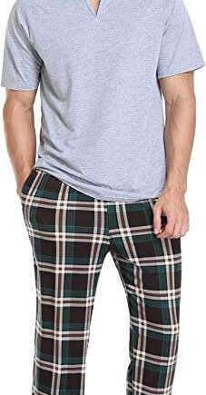 Vlazom Men's Pyjama Sets Cotton Super Soft Pjs Sets Stripe Short Sleeve Shirt and Solid Pants with Pockets for Sleepwear Loungewear