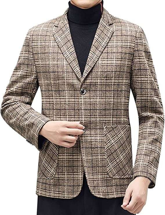 YOUCAI Mens Tweed Check Suit Slim fit Long Sleeve Blazer Jacket Casual One Button Suits Coat Business Jackets Notch Lapel Suits