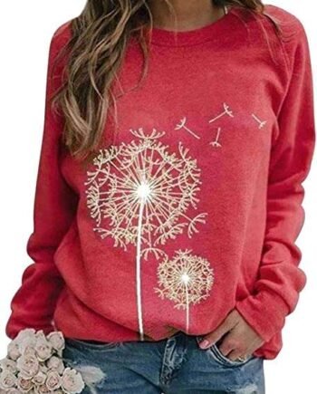 Dresswel Women Dandelion Print Sweatshirt Crew Neck Long Sleeve Tops Basic Jumper Tunic Blouse Shirts