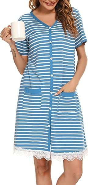 Vlazom Women’s Nightdresses Cotton Soft Nightshirt Stripes Long Sleeve Sleep Dress Sleepwear with Pockets UK