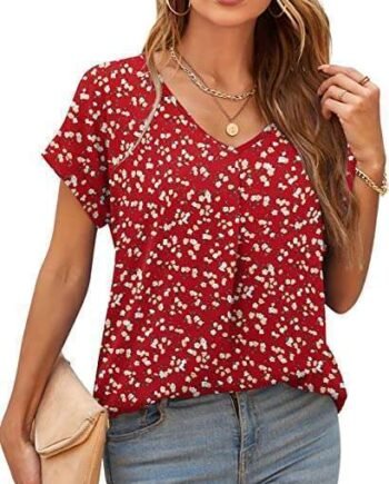 Yommay Blouses for Womens V Neck Ladies Tops Summer Chiffon Blouses Tops Short Sleeve Casual T Shirts
