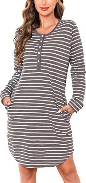 Vlazom Women’s Nightdresses Cotton Soft Nightshirt Stripes Long Sleeve Sleep Dress Sleepwear with Pockets