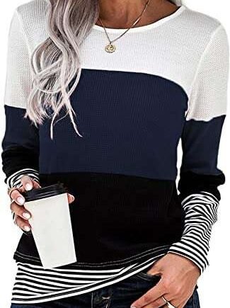 FANGJIN Ladies Crewneck Long Sleeve Oversized T Shirt Striped Pullover Tunic Patchwork Tops