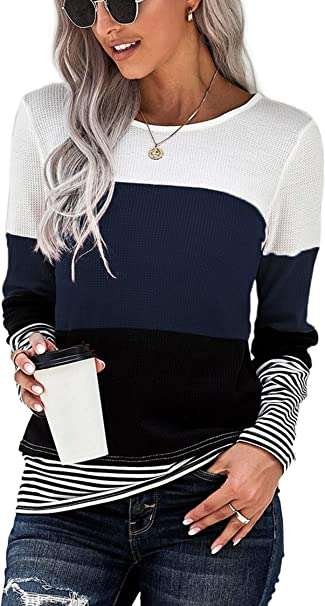 FANGJIN Ladies Crewneck Long Sleeve Oversized T Shirt Striped Pullover Tunic Patchwork Tops