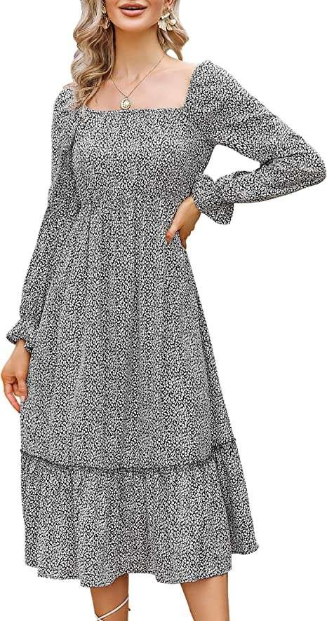 KOJOOIN Women's Dress Casual Dress Long Sleeve Square Neck Dress Midi Dress Floral Dress Flowy Dress (Reusable Packaging)