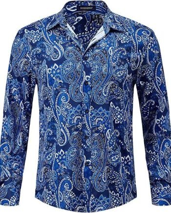 HISDERN Paisley Shirts for Men Blue Long Sleeve Casual Funky Shirt Button Down Fancy Shirt Regular