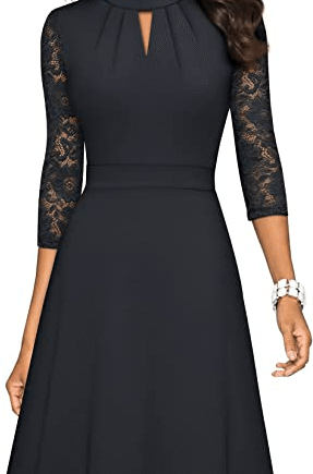 HOMEYEE Women's Elegant Hollow Out Lace Sleeve Swing Pleated Party Cocktail Dress A234